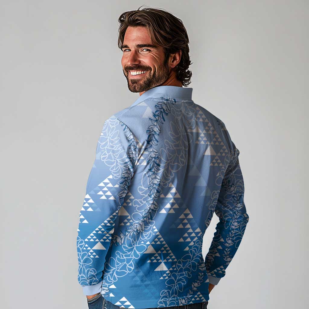 Hawaii Royal Blue Kapa Long Sleeve Polo Shirt Vintage 'Ohe Kāpala Motifs Mix Plumeria Leis LT7 - Polynesian Pride