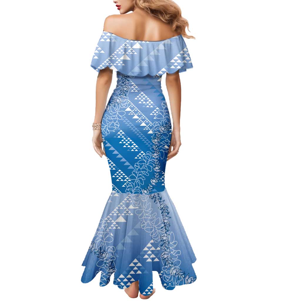 Hawaii Royal Blue Kapa Mermaid Dress Vintage 'Ohe Kāpala Motifs Mix Plumeria Leis LT7 - Polynesian Pride