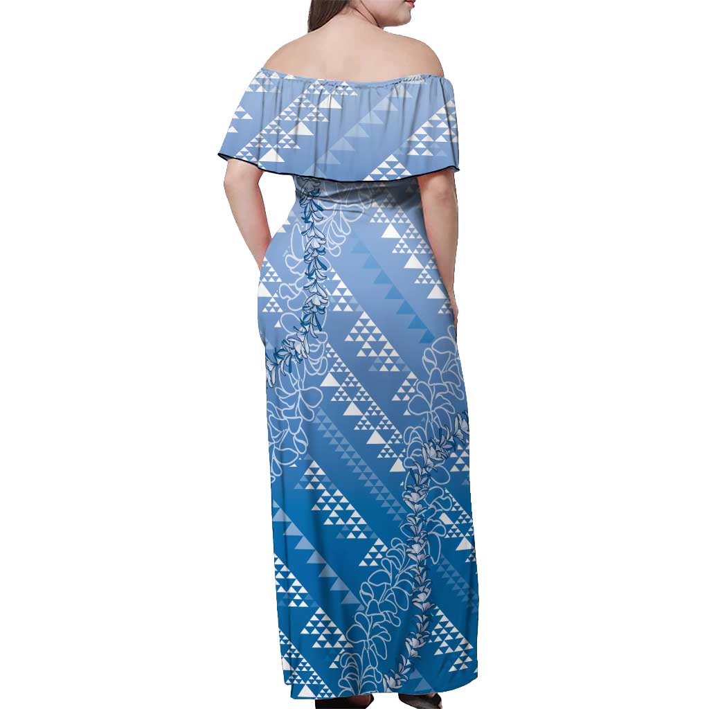 Hawaii Royal Blue Kapa Off Shoulder Maxi Dress Vintage 'Ohe Kāpala Motifs Mix Plumeria Leis