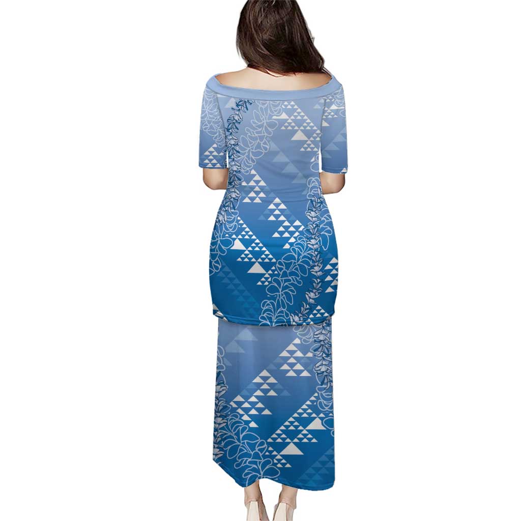 Hawaii Royal Blue Kapa Puletasi Vintage 'Ohe Kāpala Motifs Mix Plumeria Leis