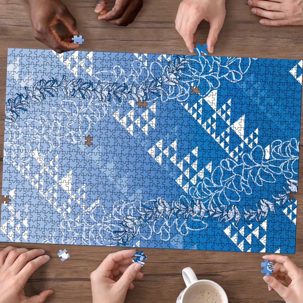 Hawaii Royal Blue Kapa Puzzle Vintage 'Ohe Kāpala Motifs Mix Plumeria Leis