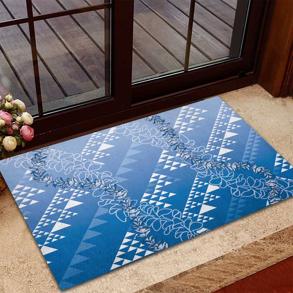 Hawaii Royal Blue Kapa Rubber Doormat Vintage 'Ohe Kāpala Motifs Mix Plumeria Leis