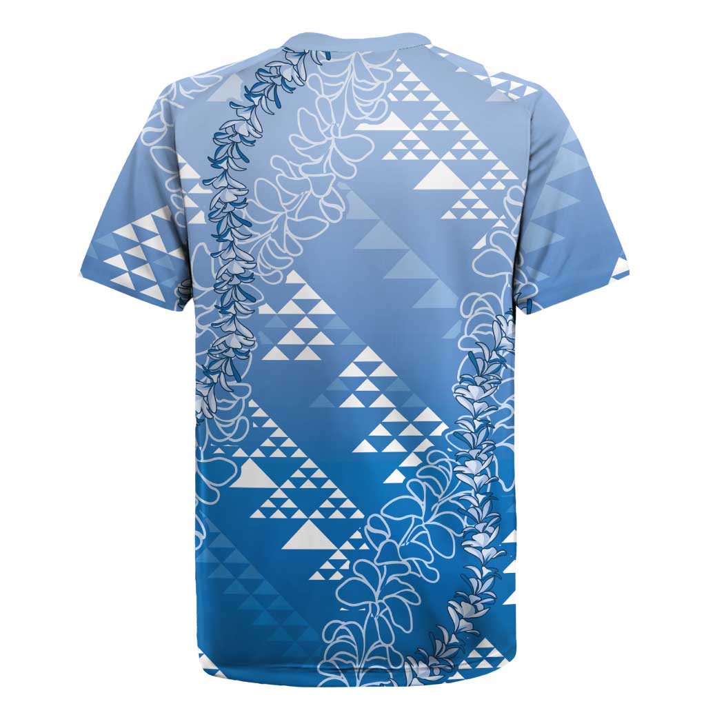 Hawaii Royal Blue Kapa Rugby Jersey Vintage 'Ohe Kāpala Motifs Mix Plumeria Leis