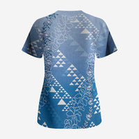 Hawaii Royal Blue Kapa Scrub Top Vintage 'Ohe Kāpala Motifs Mix Plumeria Leis