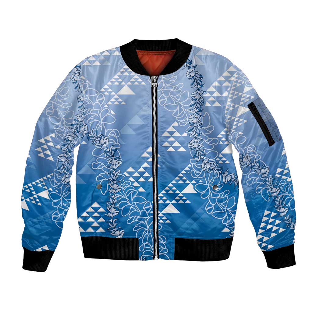 Hawaii Royal Blue Kapa Sleeve Zip Bomber Jacket Vintage 'Ohe Kāpala Motifs Mix Plumeria Leis