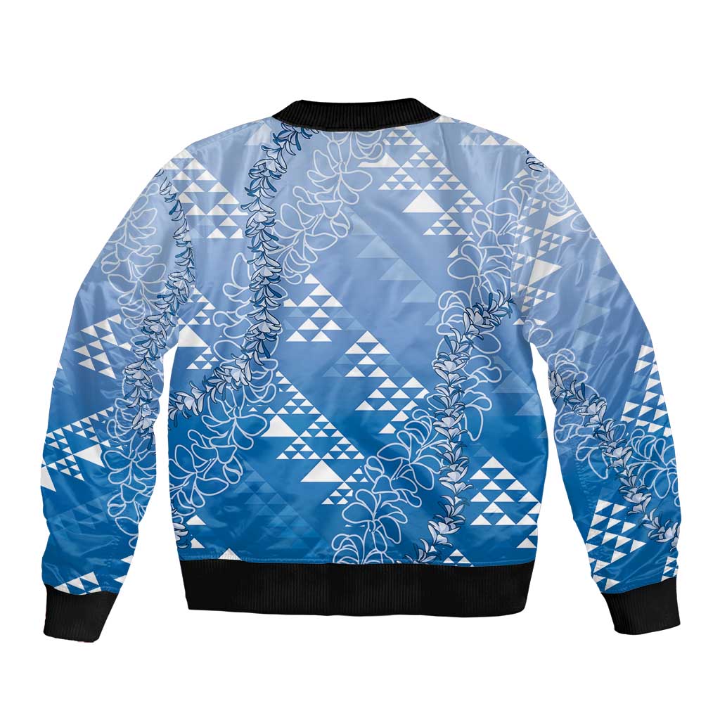 Hawaii Royal Blue Kapa Sleeve Zip Bomber Jacket Vintage 'Ohe Kāpala Motifs Mix Plumeria Leis
