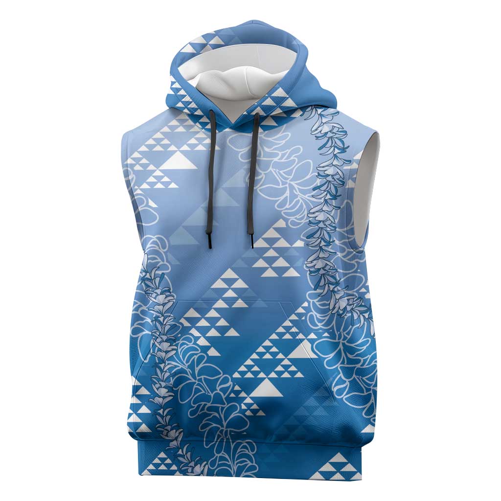 Hawaii Royal Blue Kapa Sleeveless Hoodie Vintage 'Ohe Kāpala Motifs Mix Plumeria Leis