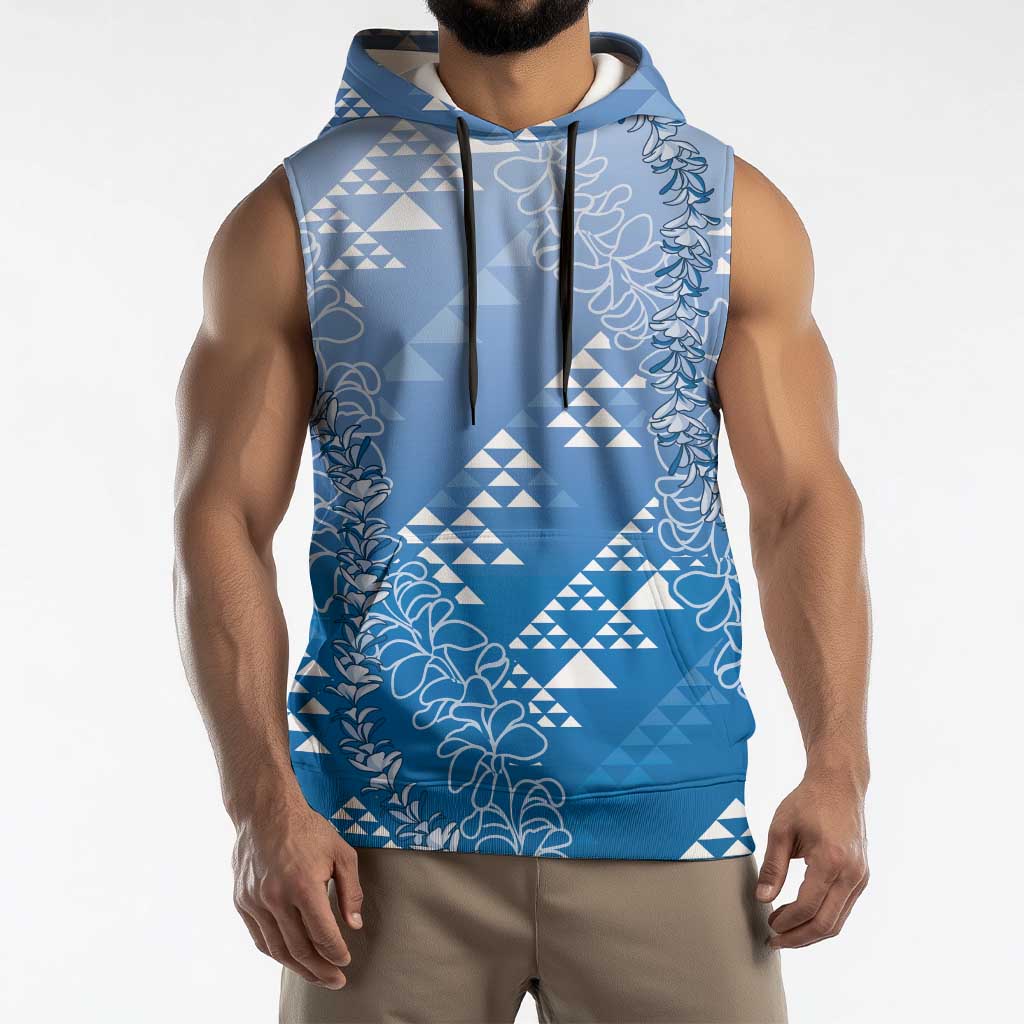 Hawaii Royal Blue Kapa Sleeveless Hoodie Vintage 'Ohe Kāpala Motifs Mix Plumeria Leis LT7 - Polynesian Pride