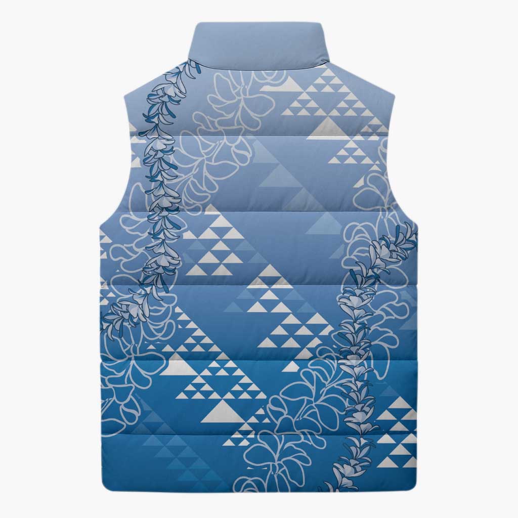 Hawaii Royal Blue Kapa Sleeveless Puffer Jacket Vintage 'Ohe Kāpala Motifs Mix Plumeria Leis