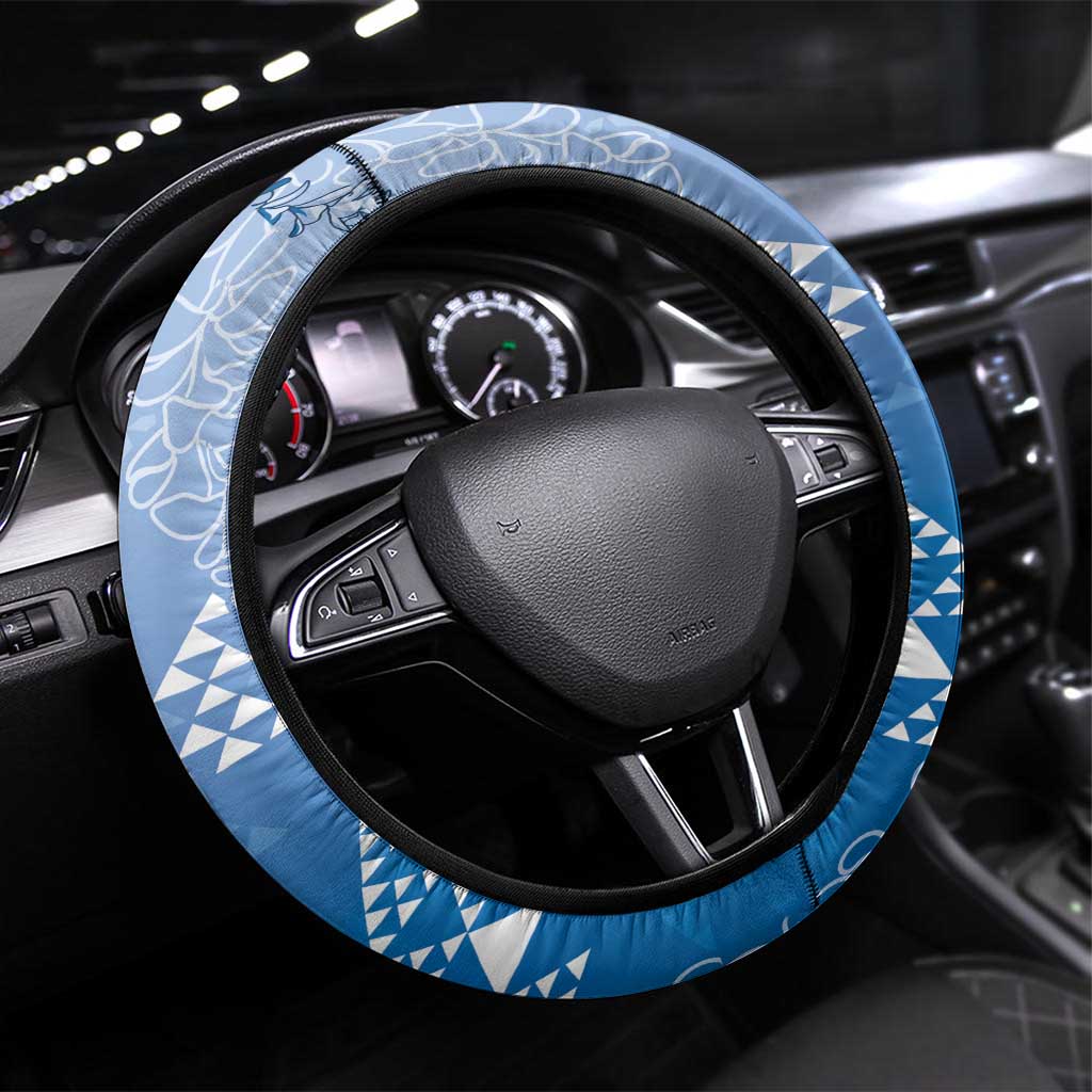 Hawaii Royal Blue Kapa Steering Wheel Cover Vintage 'Ohe Kāpala Motifs Mix Plumeria Leis