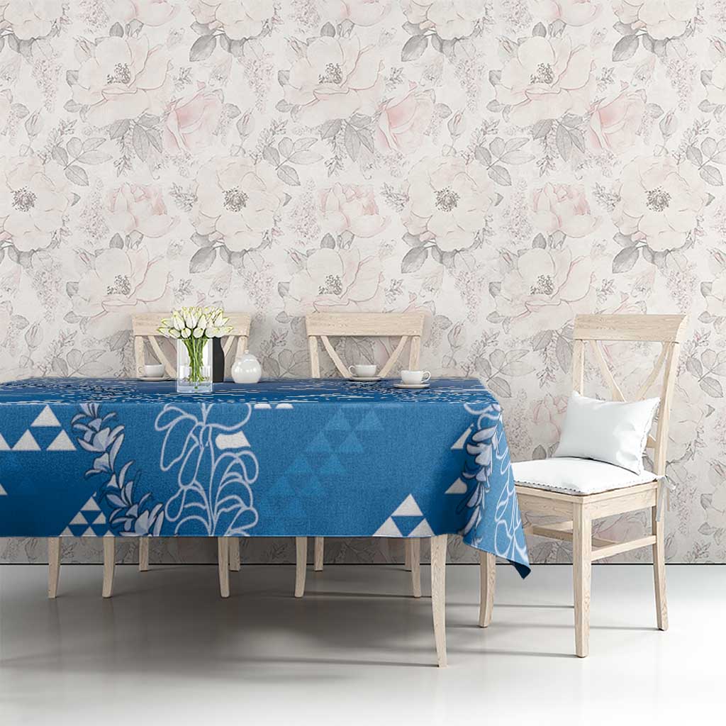 Hawaii Royal Blue Kapa Tablecloth Vintage 'Ohe Kāpala Motifs Mix Plumeria Leis