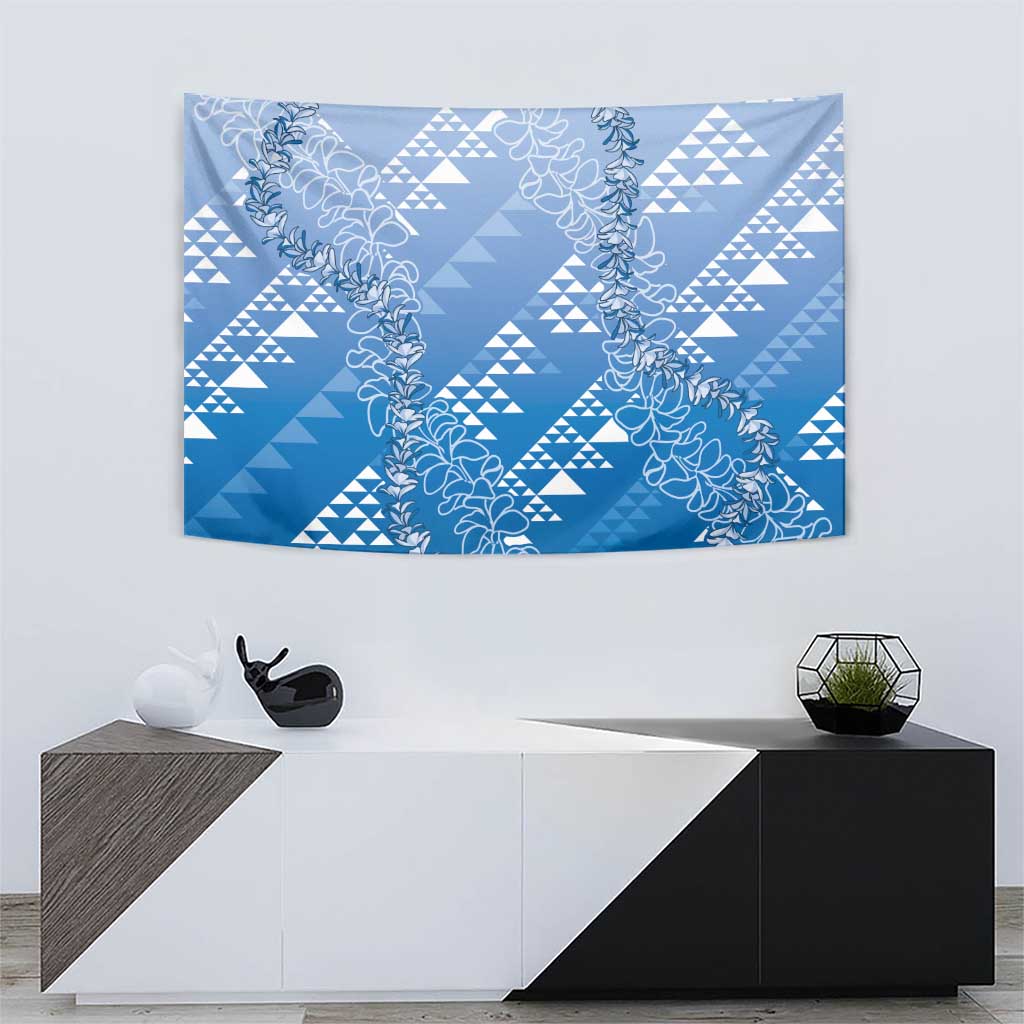 Hawaii Royal Blue Kapa Tapestry Vintage 'Ohe Kāpala Motifs Mix Plumeria Leis