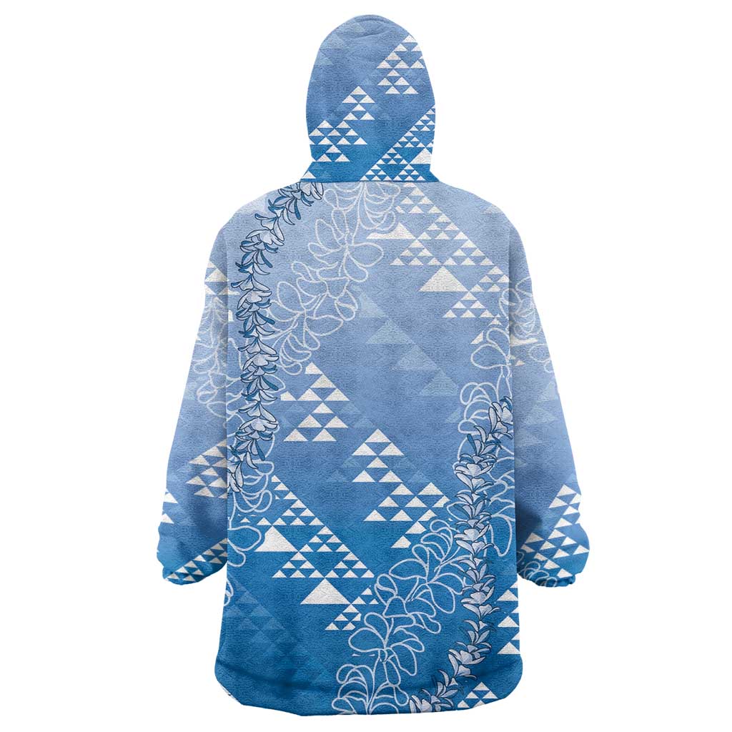 Hawaii Royal Blue Kapa Wearable Blanket Hoodie Vintage 'Ohe Kāpala Motifs Mix Plumeria Leis LT7 - Polynesian Pride