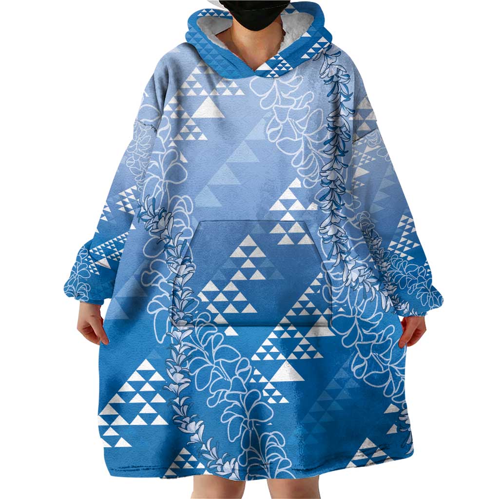 Hawaii Royal Blue Kapa Wearable Blanket Hoodie Vintage 'Ohe Kāpala Motifs Mix Plumeria Leis LT7 - Polynesian Pride