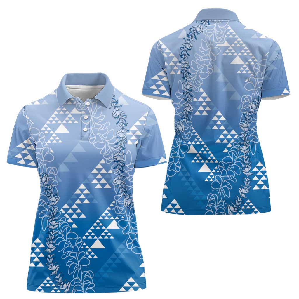 Hawaii Royal Blue Kapa Women Polo Shirt Vintage 'Ohe Kāpala Motifs Mix Plumeria Leis LT7 - Polynesian Pride