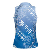 Hawaii Royal Blue Kapa Women Sleeveless Polo Shirt Vintage 'Ohe Kāpala Motifs Mix Plumeria Leis LT7 - Polynesian Pride