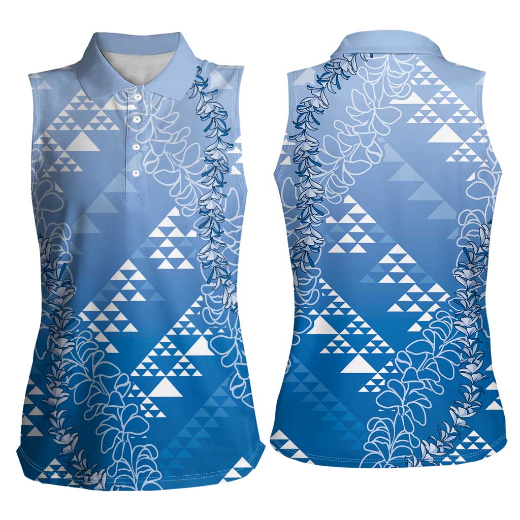Hawaii Royal Blue Kapa Women Sleeveless Polo Shirt Vintage 'Ohe Kāpala Motifs Mix Plumeria Leis LT7 - Polynesian Pride