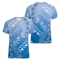 Hawaii Royal Blue Kapa Women V-Neck T-Shirt Vintage 'Ohe Kāpala Motifs Mix Plumeria Leis LT7 - Polynesian Pride