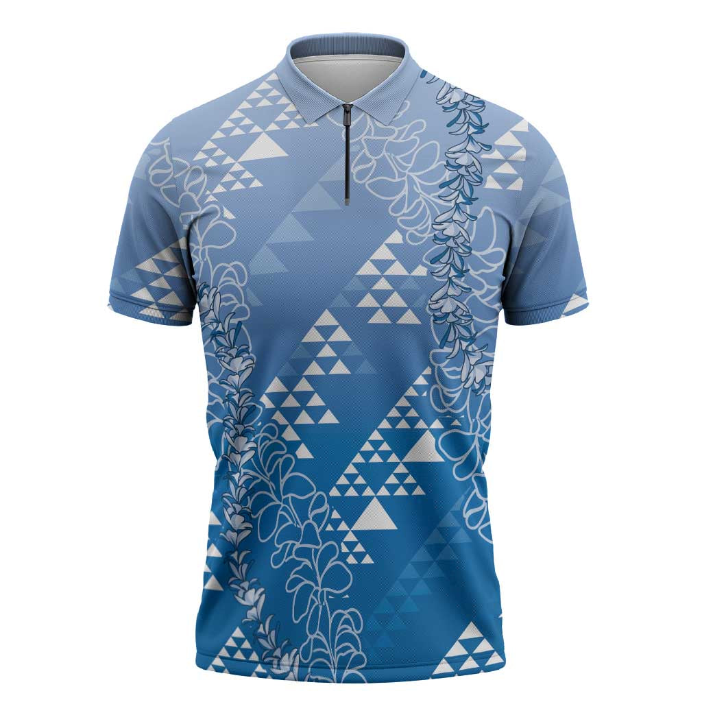 Hawaii Royal Blue Kapa Zipper Polo Shirt Vintage 'Ohe Kāpala Motifs Mix Plumeria Leis LT7 Royal Blue - Polynesian Pride