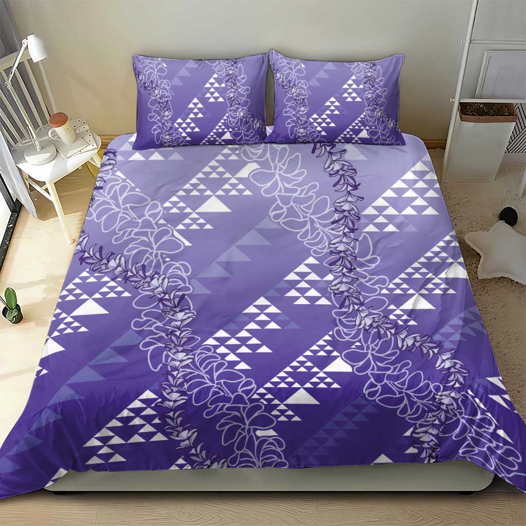 Hawaii Lavender Kapa Bedding Set Vintage 'Ohe Kāpala Motifs Mix Plumeria Leis