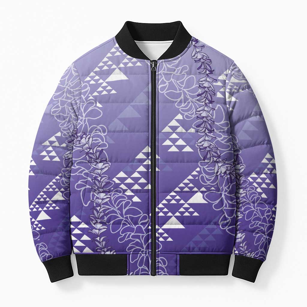Hawaii Lavender Kapa Bomber Puffer Jacket Vintage 'Ohe Kāpala Motifs Mix Plumeria Leis