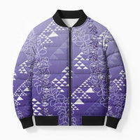 Hawaii Lavender Kapa Bomber Puffer Jacket Vintage 'Ohe Kāpala Motifs Mix Plumeria Leis