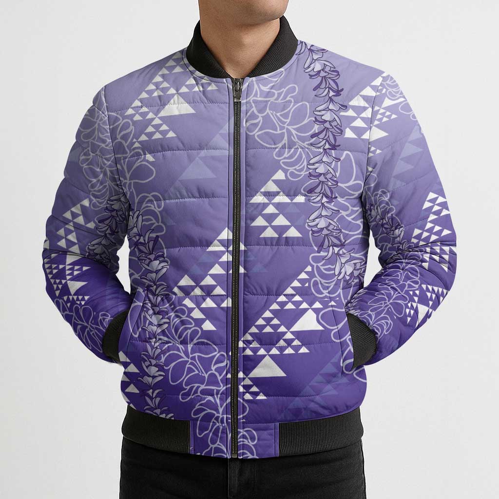 Hawaii Lavender Kapa Bomber Puffer Jacket Vintage 'Ohe Kāpala Motifs Mix Plumeria Leis
