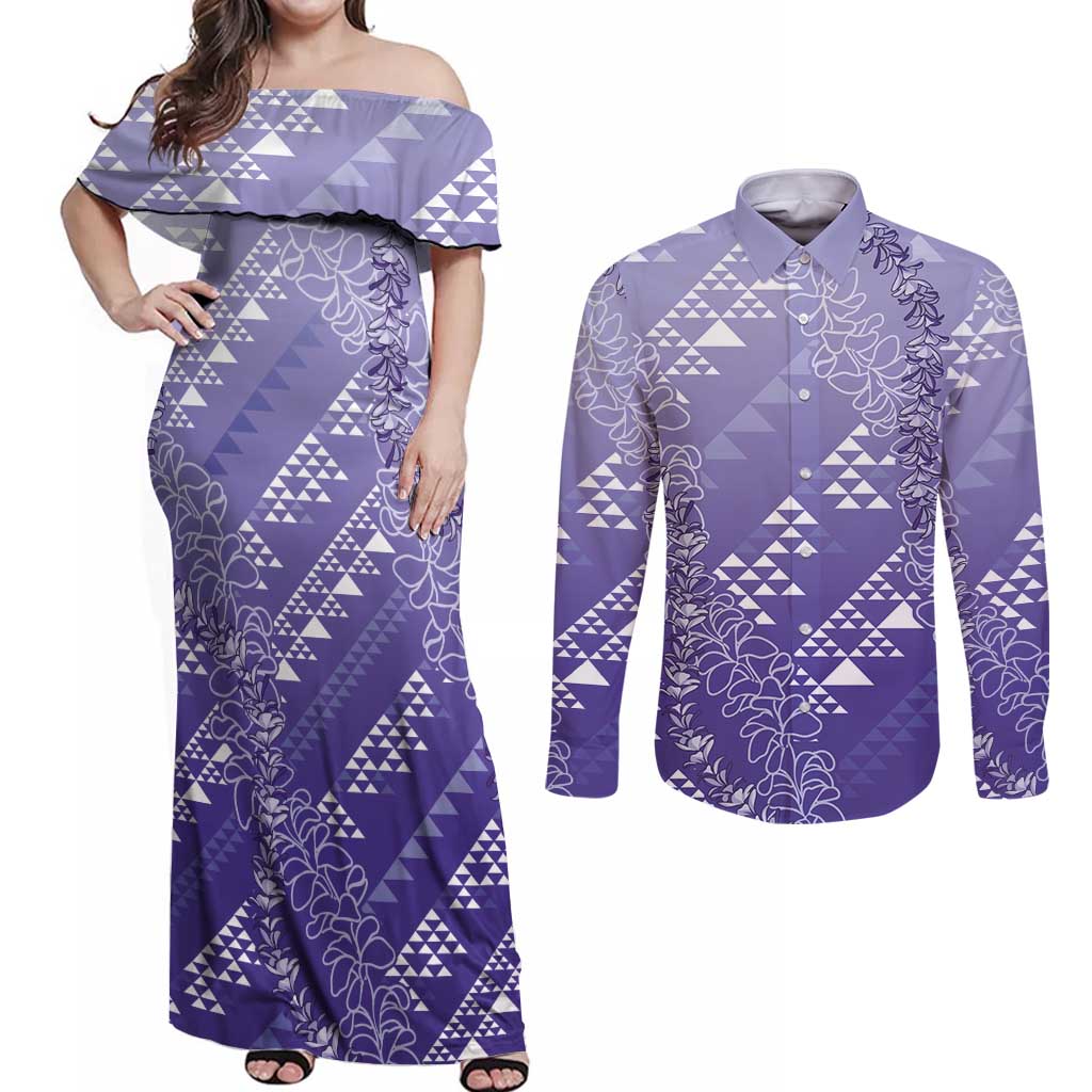 Hawaii Lavender Kapa Couples Matching Off Shoulder Maxi Dress and Long Sleeve Button Shirt Vintage 'Ohe Kāpala Motifs Mix Plumeria Leis LT7 Lavender - Polynesian Pride