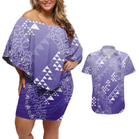Hawaii Lavender Kapa Couples Matching Off Shoulder Short Dress and Hawaiian Shirt Vintage 'Ohe Kāpala Motifs Mix Plumeria Leis LT7 Lavender - Polynesian Pride