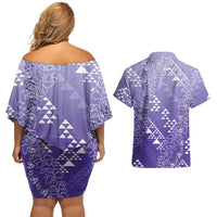 Hawaii Lavender Kapa Couples Matching Off Shoulder Short Dress and Hawaiian Shirt Vintage 'Ohe Kāpala Motifs Mix Plumeria Leis LT7 - Polynesian Pride