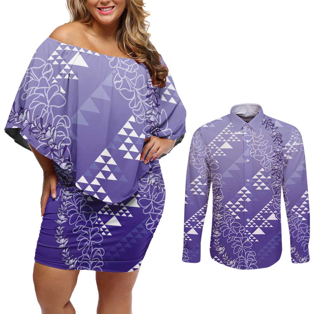 Hawaii Lavender Kapa Couples Matching Off Shoulder Short Dress and Long Sleeve Button Shirt Vintage 'Ohe Kāpala Motifs Mix Plumeria Leis LT7 Lavender - Polynesian Pride
