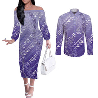 Hawaii Lavender Kapa Couples Matching Off The Shoulder Long Sleeve Dress and Long Sleeve Button Shirt Vintage 'Ohe Kāpala Motifs Mix Plumeria Leis LT7 Lavender - Polynesian Pride