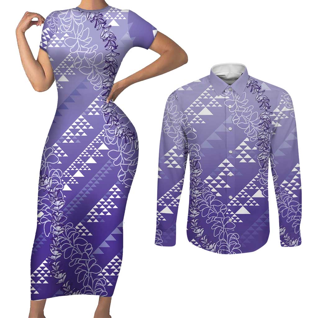 Hawaii Lavender Kapa Couples Matching Short Sleeve Bodycon Dress and Long Sleeve Button Shirt Vintage 'Ohe Kāpala Motifs Mix Plumeria Leis LT7 Lavender - Polynesian Pride