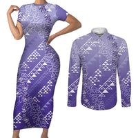 Hawaii Lavender Kapa Couples Matching Short Sleeve Bodycon Dress and Long Sleeve Button Shirt Vintage 'Ohe Kāpala Motifs Mix Plumeria Leis LT7 Lavender - Polynesian Pride