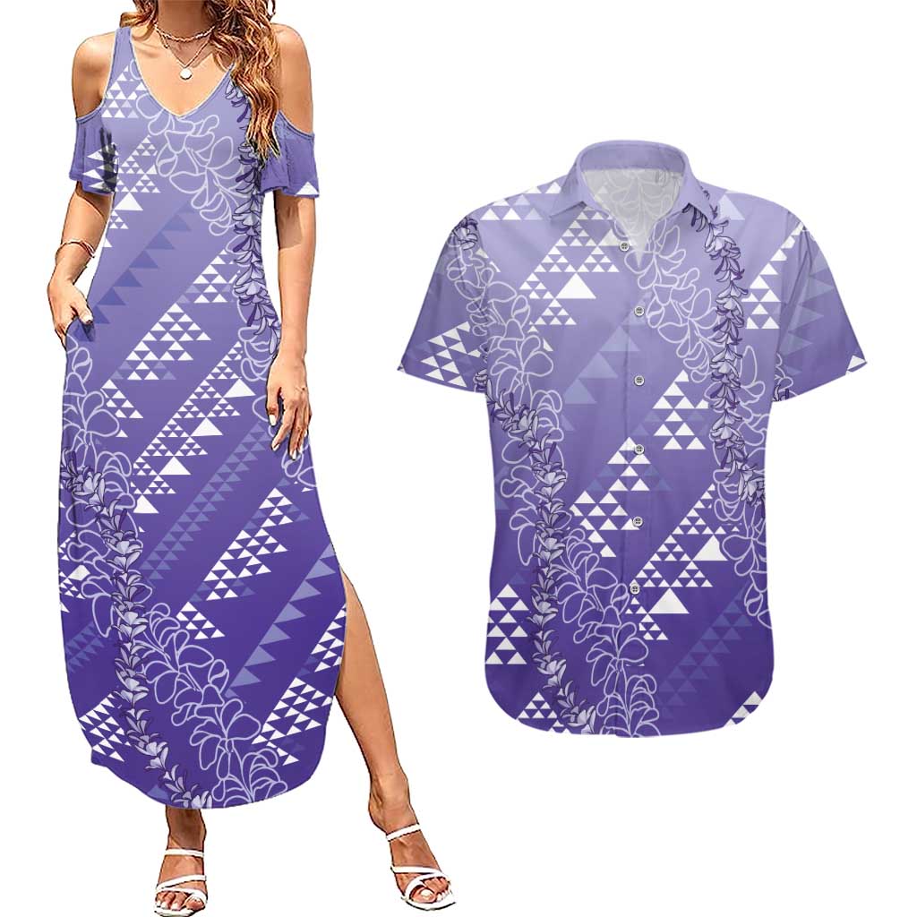 Hawaii Lavender Kapa Couples Matching Summer Maxi Dress and Hawaiian Shirt Vintage 'Ohe Kāpala Motifs Mix Plumeria Leis