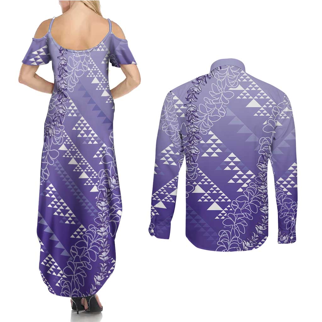 Hawaii Lavender Kapa Couples Matching Summer Maxi Dress and Long Sleeve Button Shirt Vintage 'Ohe Kāpala Motifs Mix Plumeria Leis LT7 - Polynesian Pride