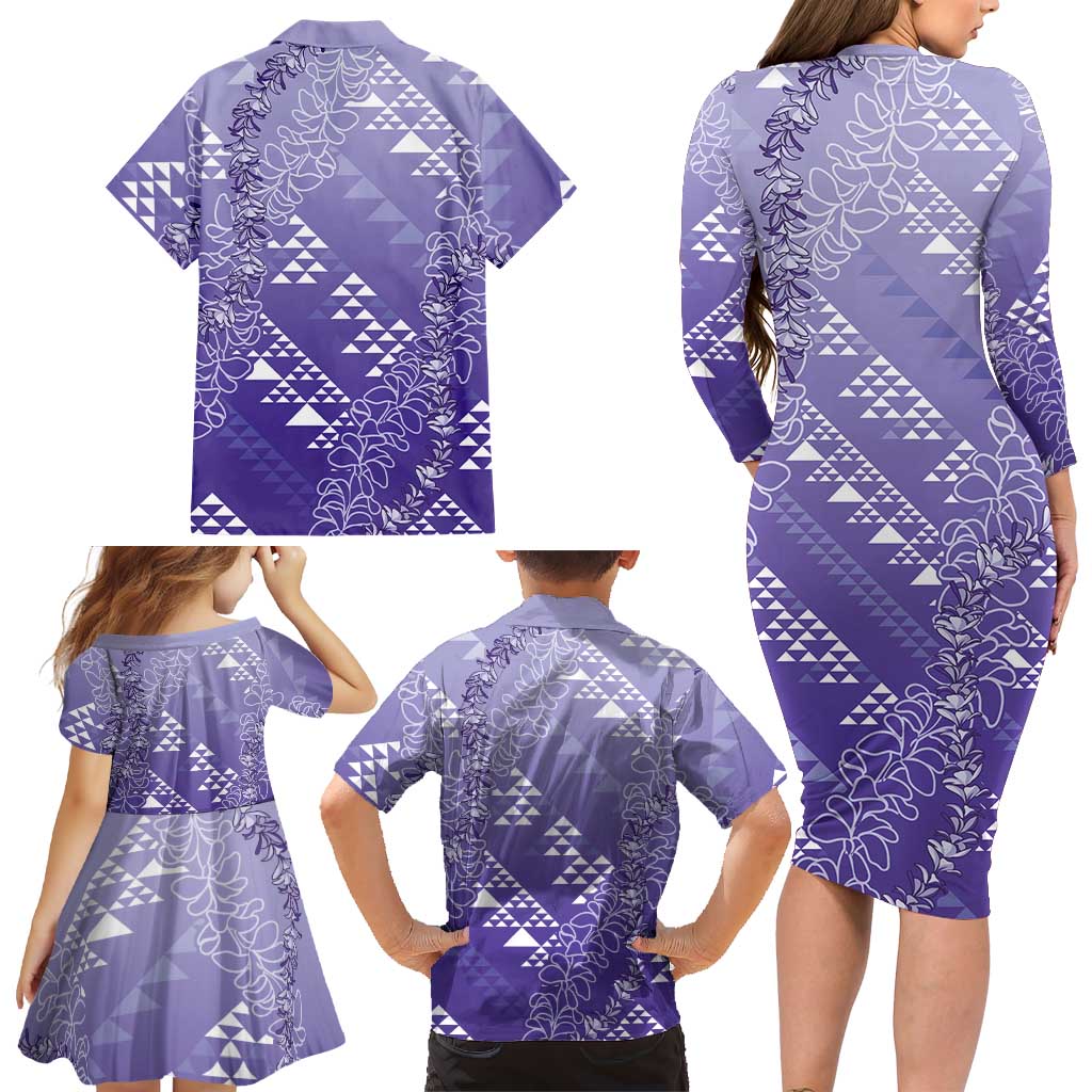 Hawaii Lavender Kapa Family Matching Long Sleeve Bodycon Dress and Hawaiian Shirt Vintage 'Ohe Kāpala Motifs Mix Plumeria Leis LT7 - Polynesian Pride