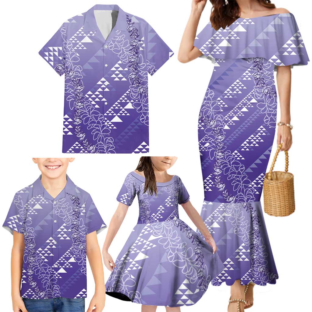 Hawaii Lavender Kapa Family Matching Mermaid Dress and Hawaiian Shirt Vintage 'Ohe Kāpala Motifs Mix Plumeria Leis