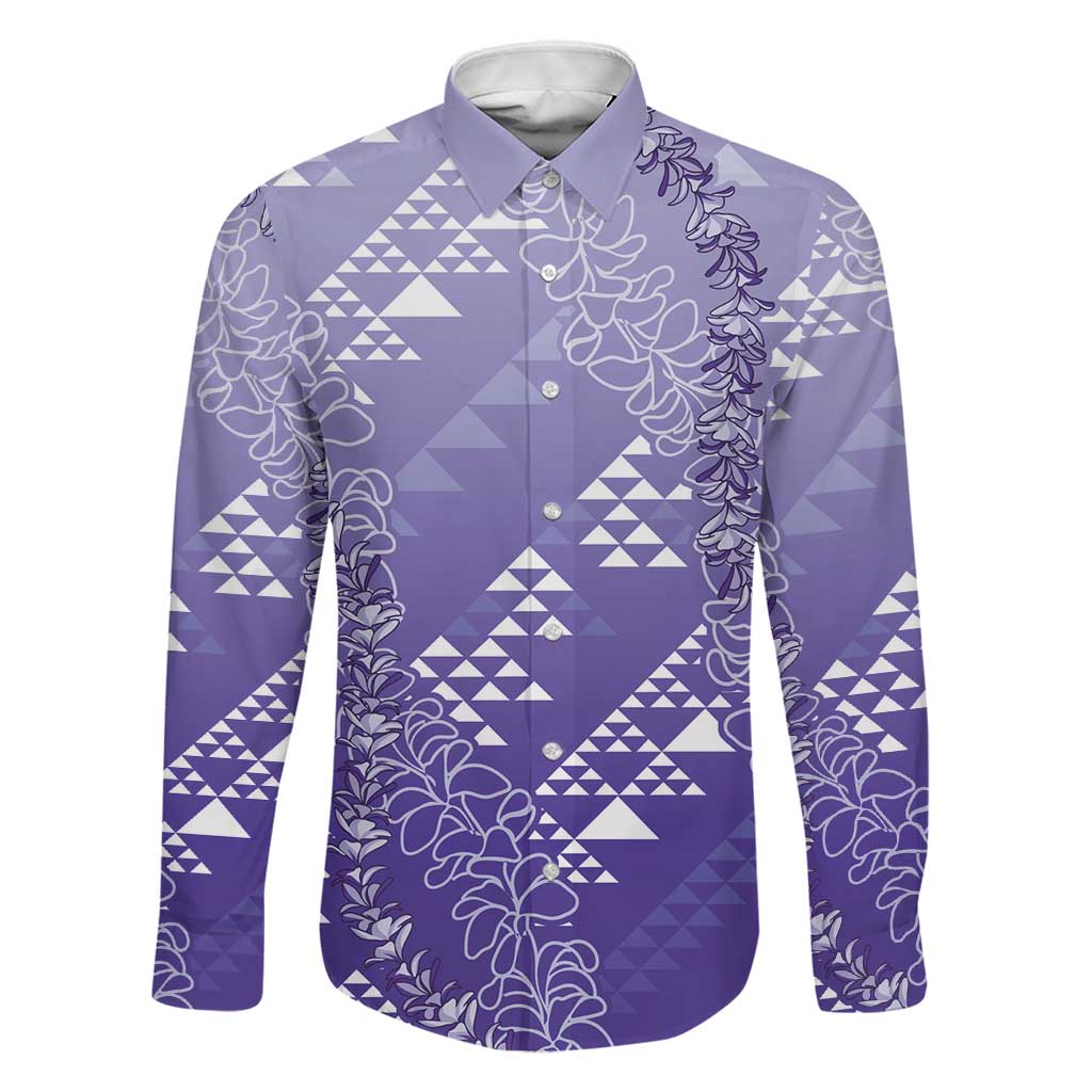 Hawaii Lavender Kapa Family Matching Mermaid Dress and Hawaiian Shirt Vintage 'Ohe Kāpala Motifs Mix Plumeria Leis LT7 Dad's Shirt - Long Sleeve Lavender - Polynesian Pride