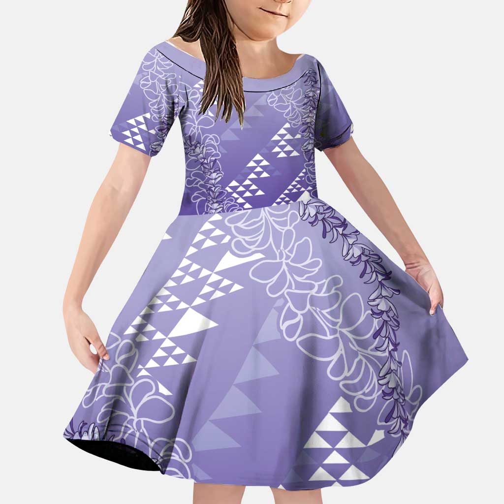 Hawaii Lavender Kapa Family Matching Off Shoulder Maxi Dress and Hawaiian Shirt Vintage 'Ohe Kāpala Motifs Mix Plumeria Leis LT7 Daughter's Dress Lavender - Polynesian Pride