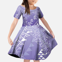 Hawaii Lavender Kapa Family Matching Summer Maxi Dress and Hawaiian Shirt Vintage 'Ohe Kāpala Motifs Mix Plumeria Leis LT7 Daughter's Dress Lavender - Polynesian Pride