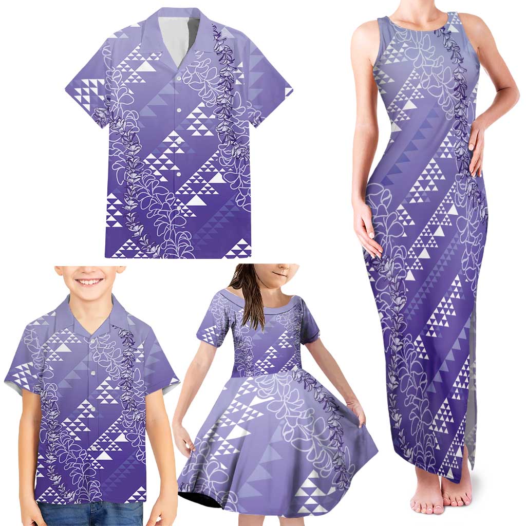 Hawaii Lavender Kapa Family Matching Tank Maxi Dress and Hawaiian Shirt Vintage 'Ohe Kāpala Motifs Mix Plumeria Leis