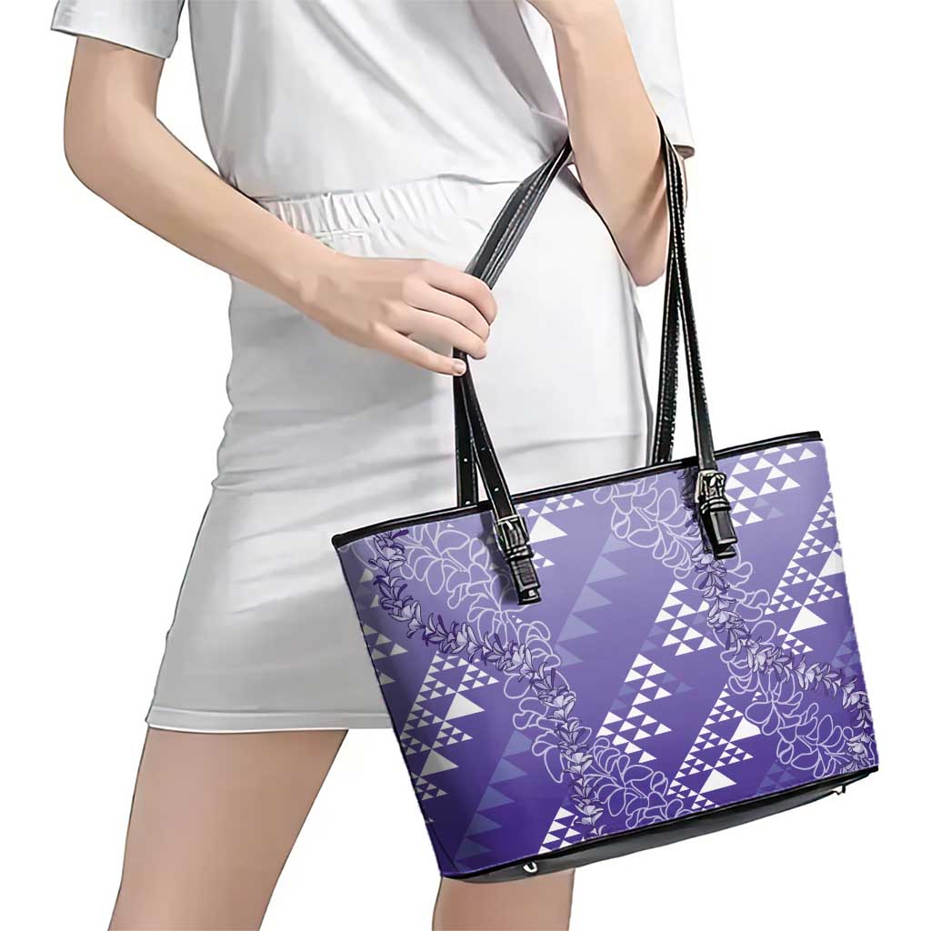 Hawaii Lavender Kapa Leather Tote Bag Vintage 'Ohe Kāpala Motifs Mix Plumeria Leis