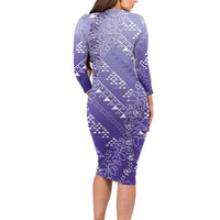 Hawaii Lavender Kapa Long Sleeve Bodycon Dress Vintage 'Ohe Kāpala Motifs Mix Plumeria Leis LT7 - Polynesian Pride
