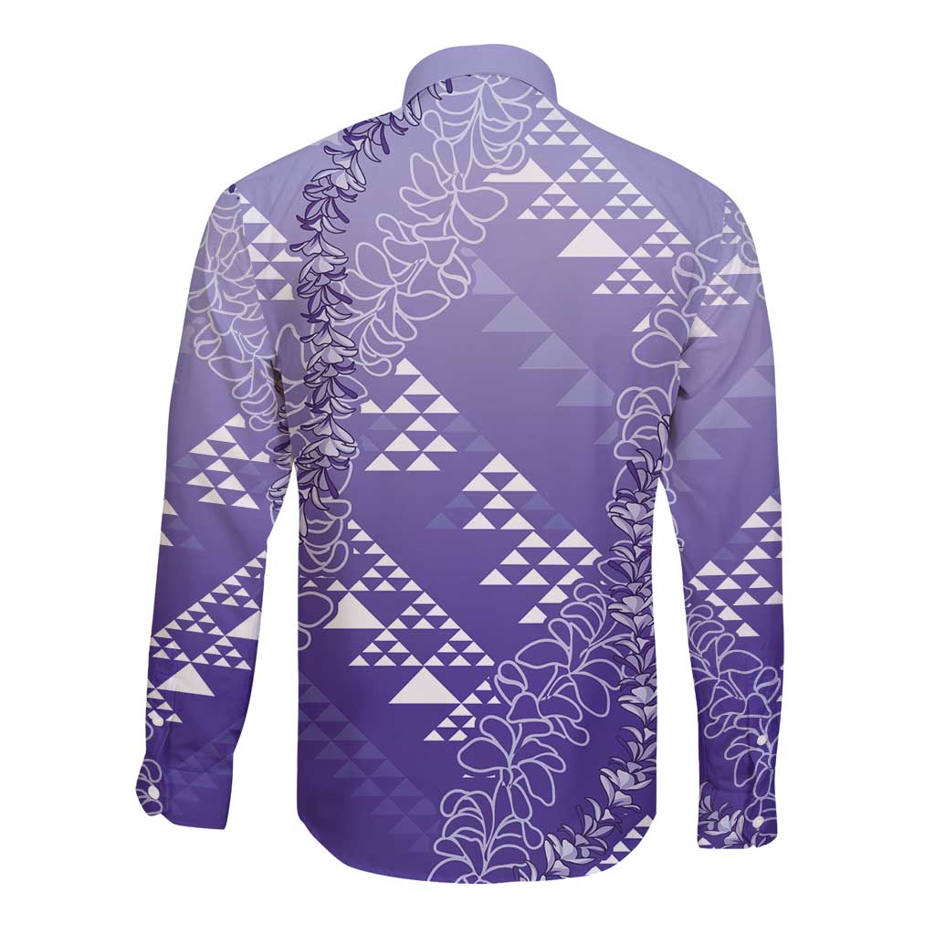 Hawaii Lavender Kapa Long Sleeve Button Shirt Vintage 'Ohe Kāpala Motifs Mix Plumeria Leis