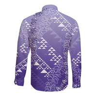 Hawaii Lavender Kapa Long Sleeve Button Shirt Vintage 'Ohe Kāpala Motifs Mix Plumeria Leis