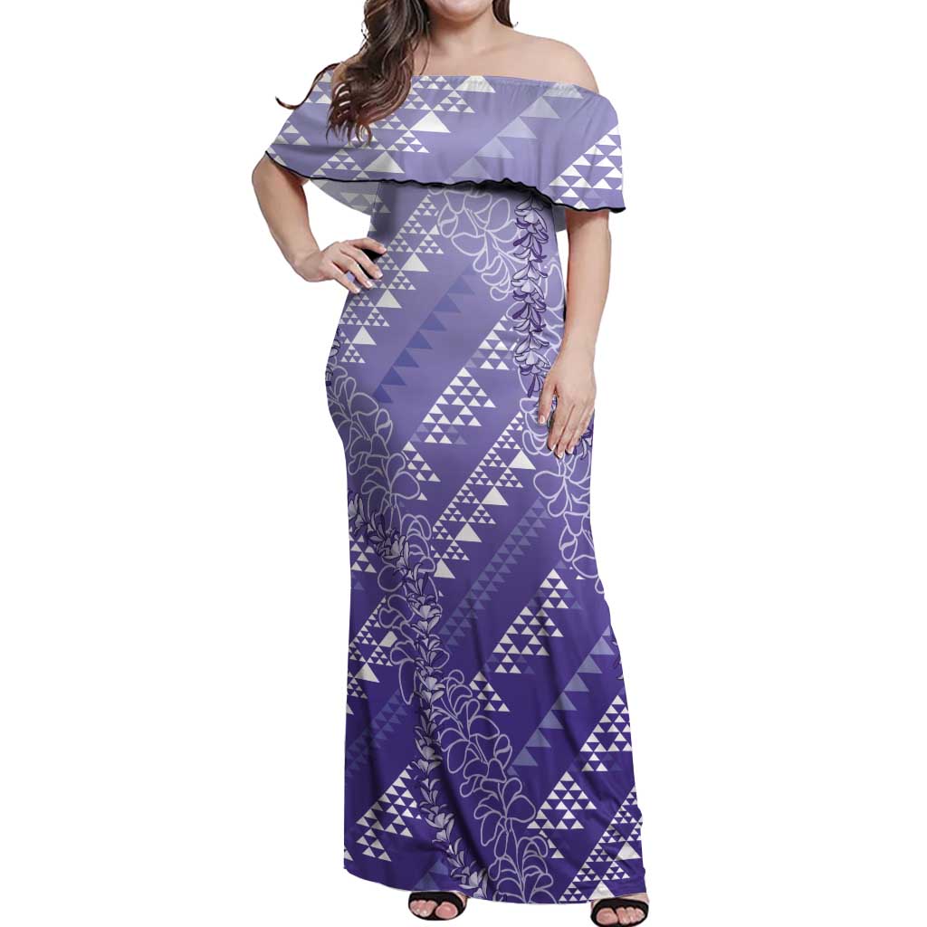 Hawaii Lavender Kapa Off Shoulder Maxi Dress Vintage 'Ohe Kāpala Motifs Mix Plumeria Leis