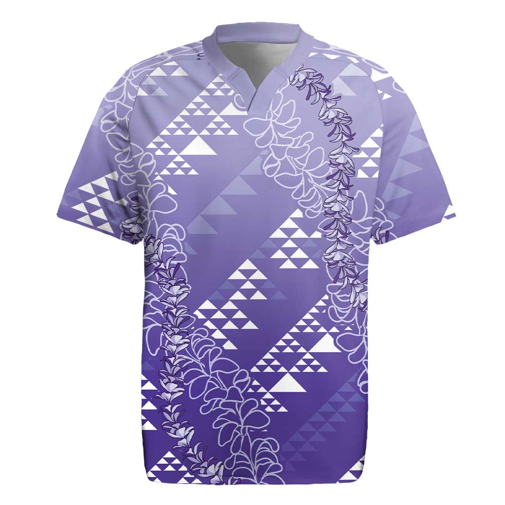 Hawaii Lavender Kapa Rugby Jersey Vintage 'Ohe Kāpala Motifs Mix Plumeria Leis