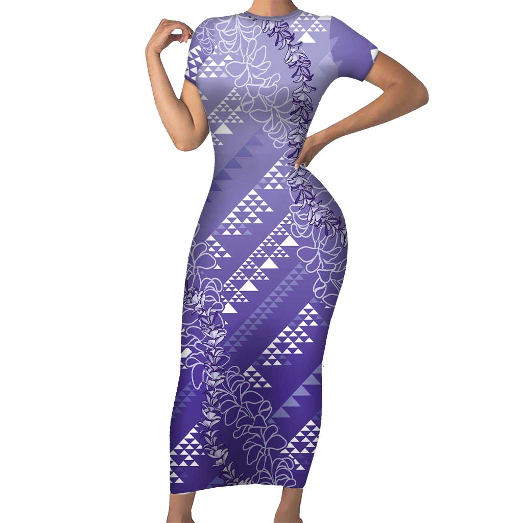 Hawaii Lavender Kapa Short Sleeve Bodycon Dress Vintage 'Ohe Kāpala Motifs Mix Plumeria Leis