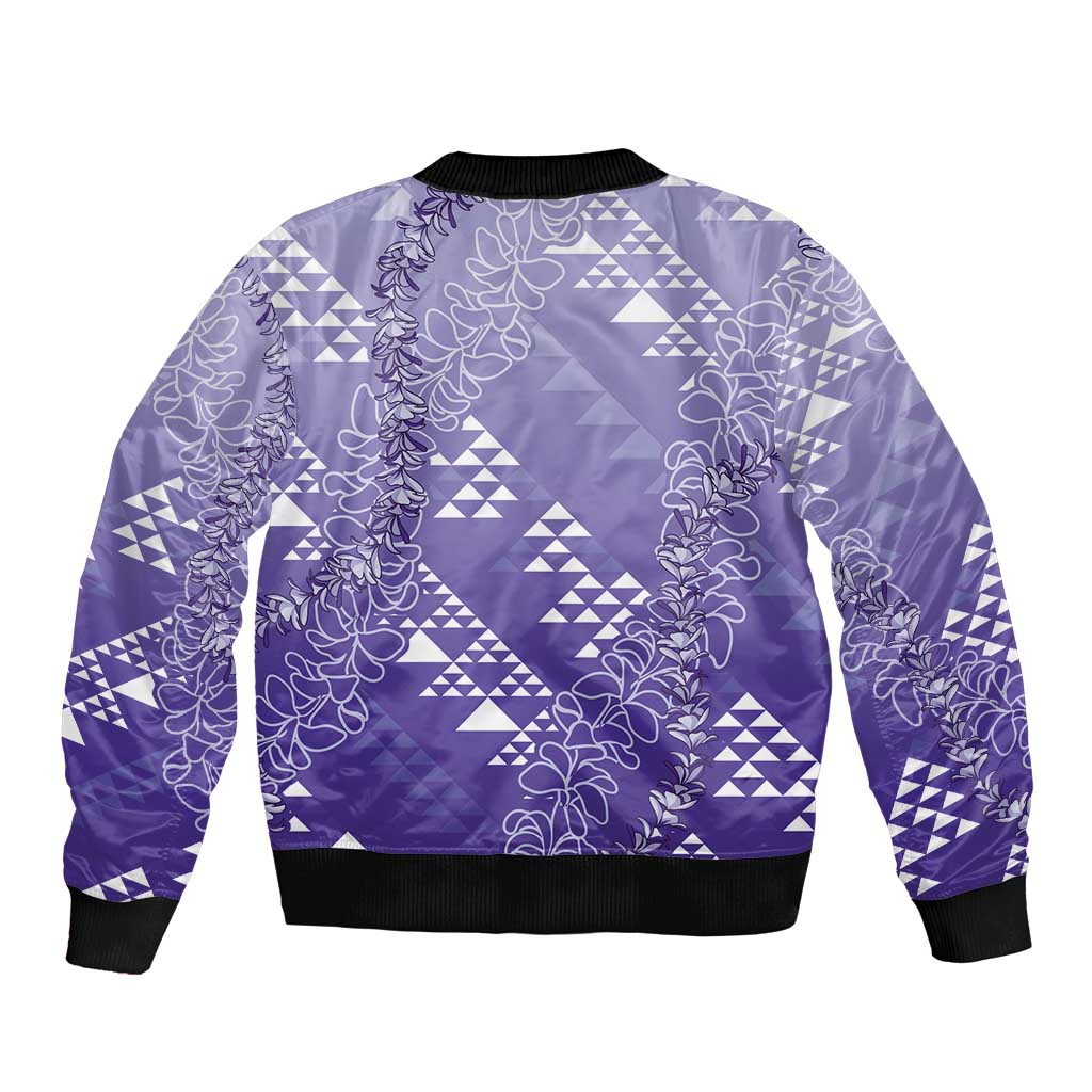 Hawaii Lavender Kapa Sleeve Zip Bomber Jacket Vintage 'Ohe Kāpala Motifs Mix Plumeria Leis